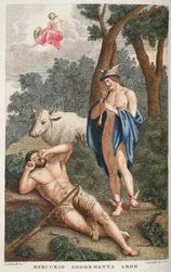 Mercurius doet Argus in slaap vallen, illustratie uit Ovidius